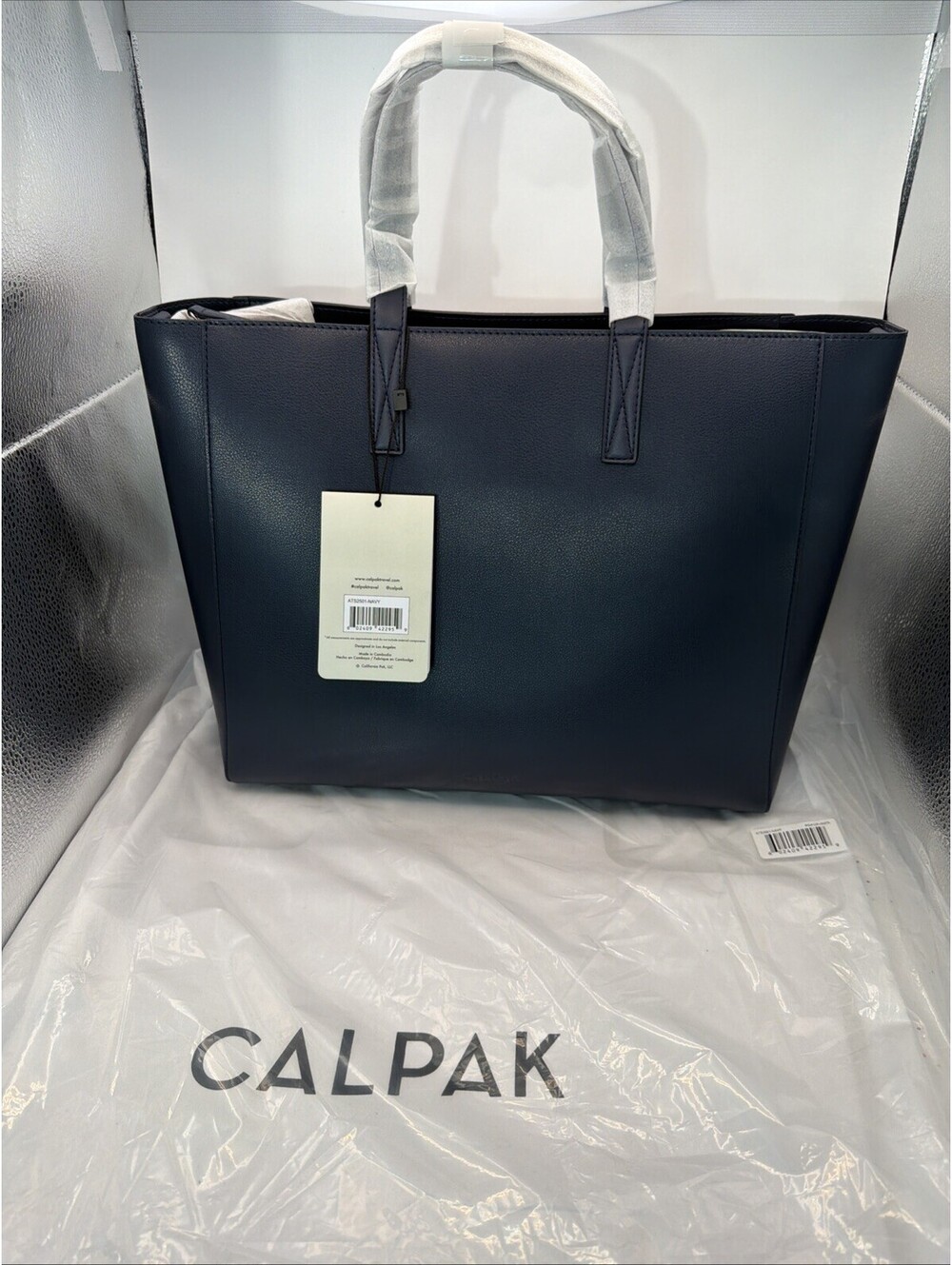 CALPAK Haven 15” Laptop Tote Bag Navy Faux Leather Work Travel Office Purse - Picture 1 of 9